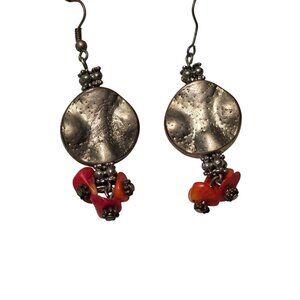 Handmade‎ Silver Disc Earrings With Red-Orange Coral Beads 2"